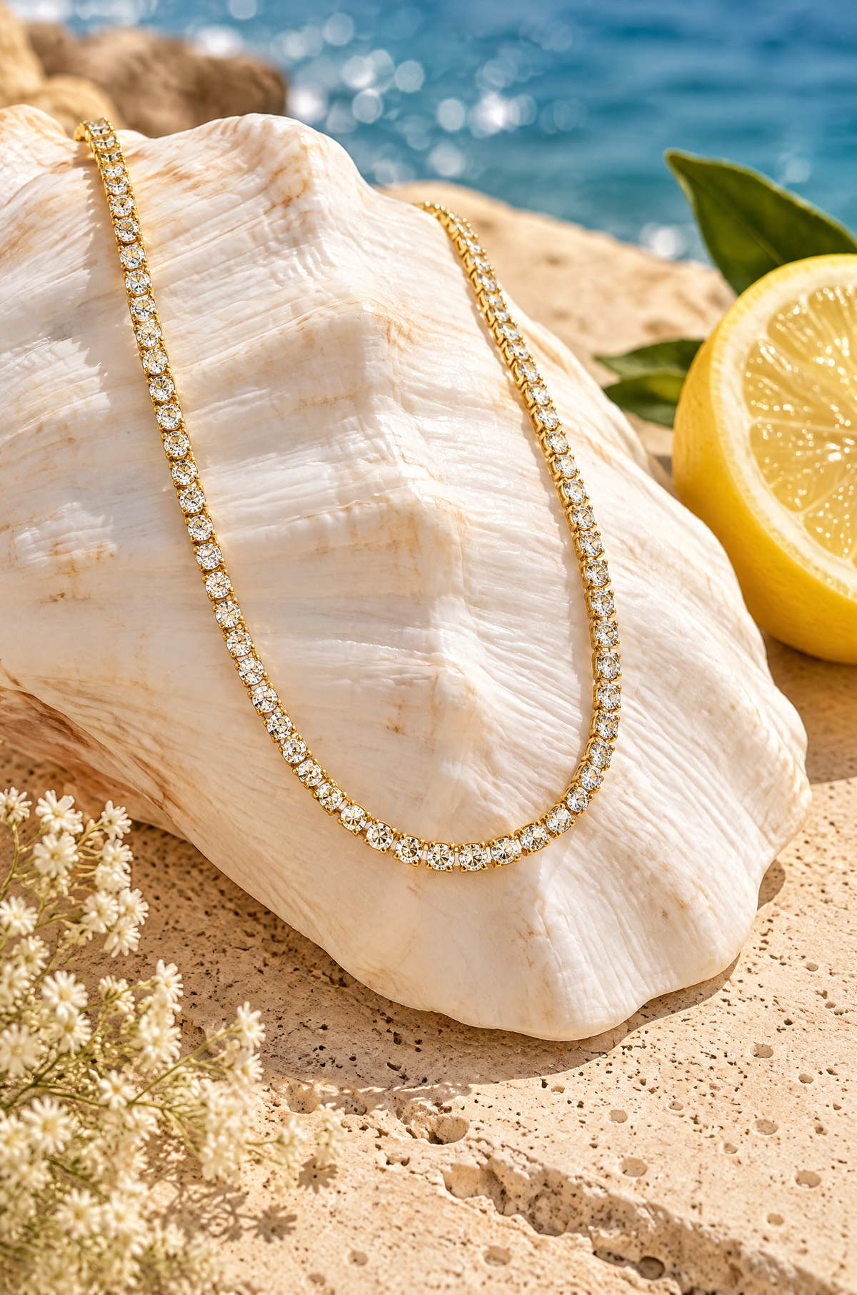 Portofino tennis necklace, on a seashell