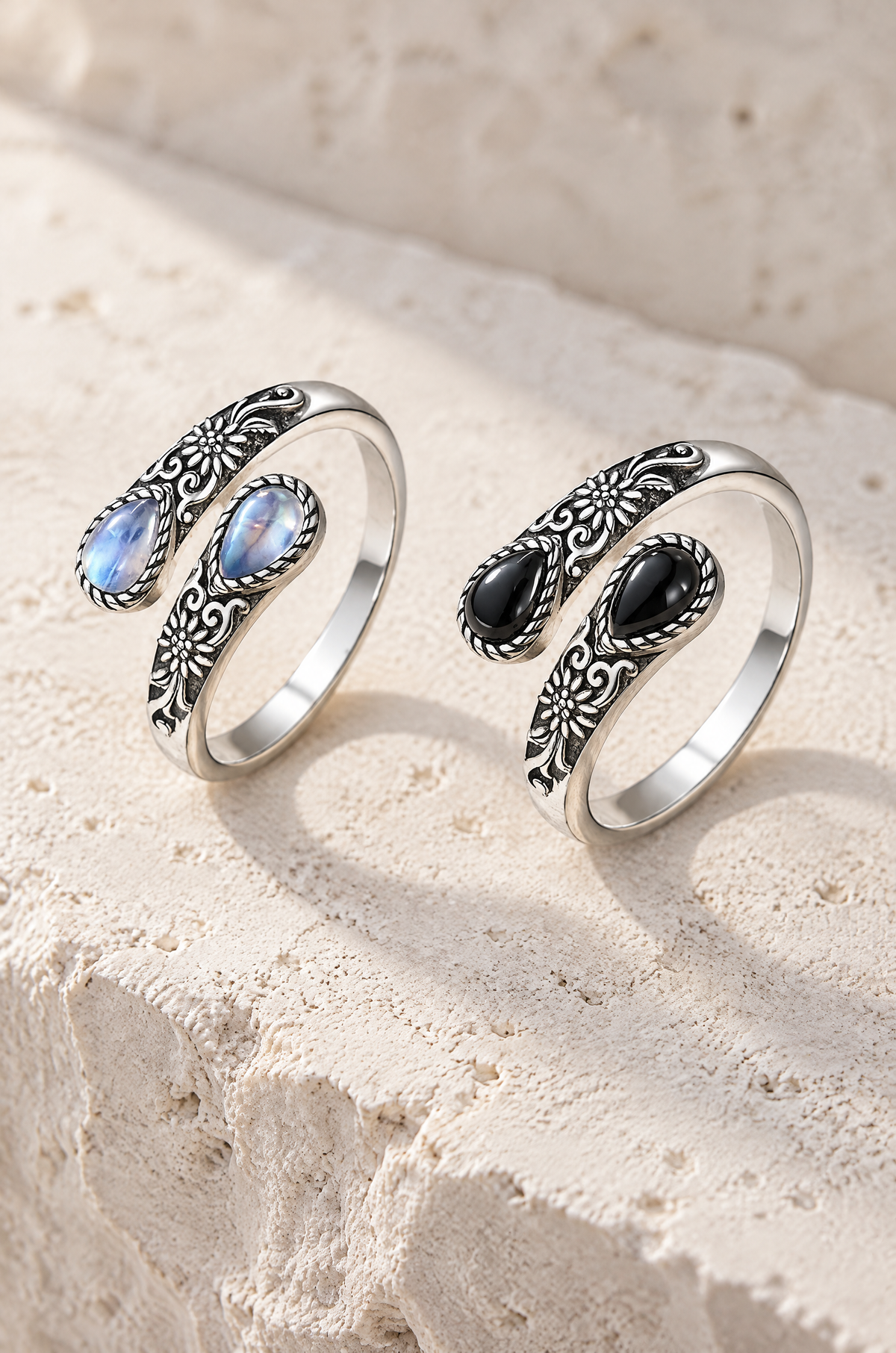 Ponza wrap ring in moonstone and obsidian