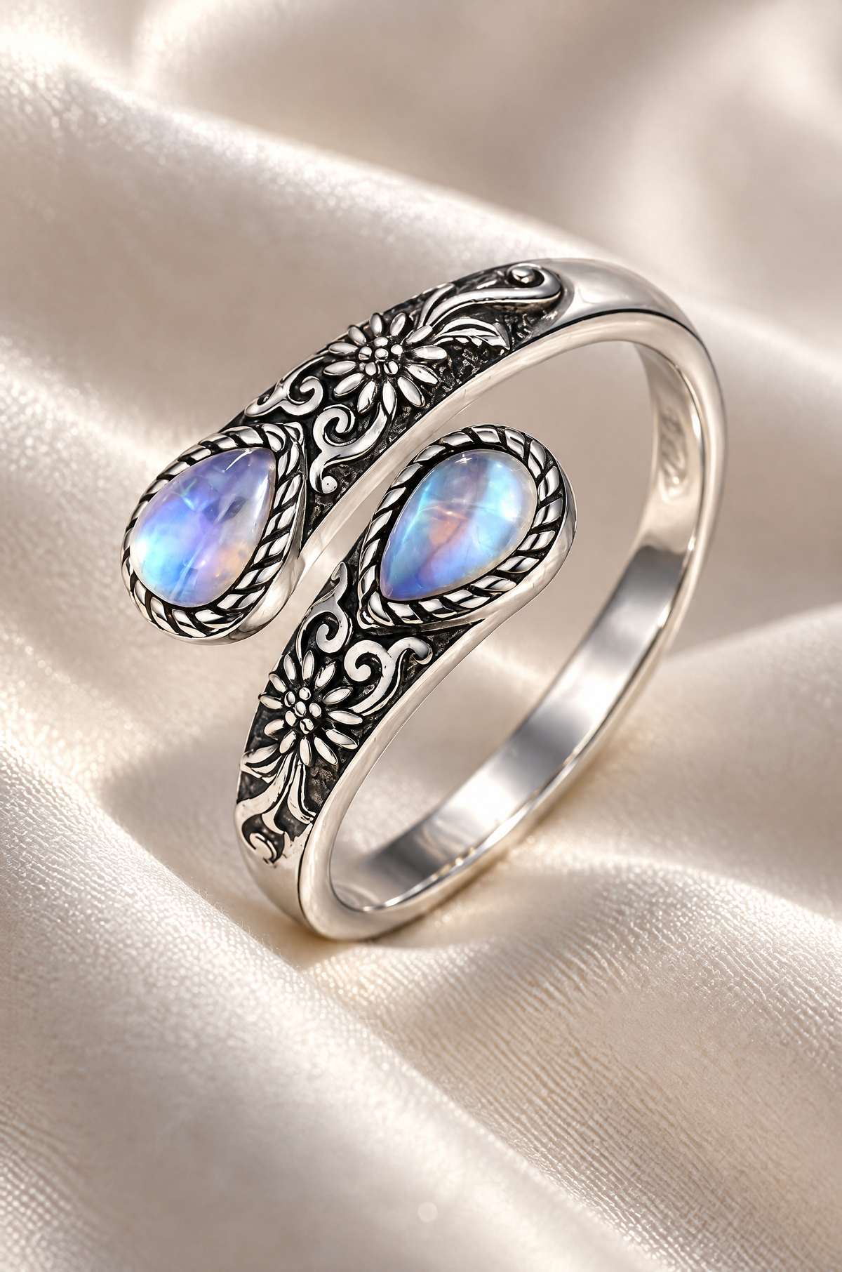 Ponza wrap ring, moonstone and engraving detail