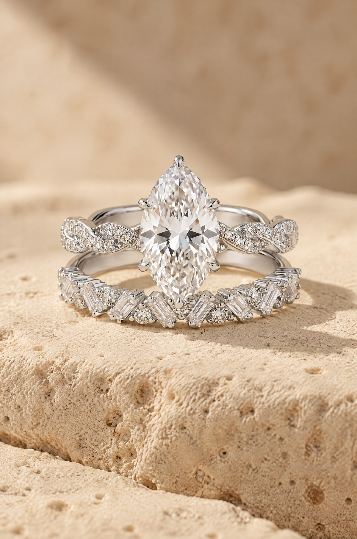 Palinuro marquise ring set, Straight Band, Silver