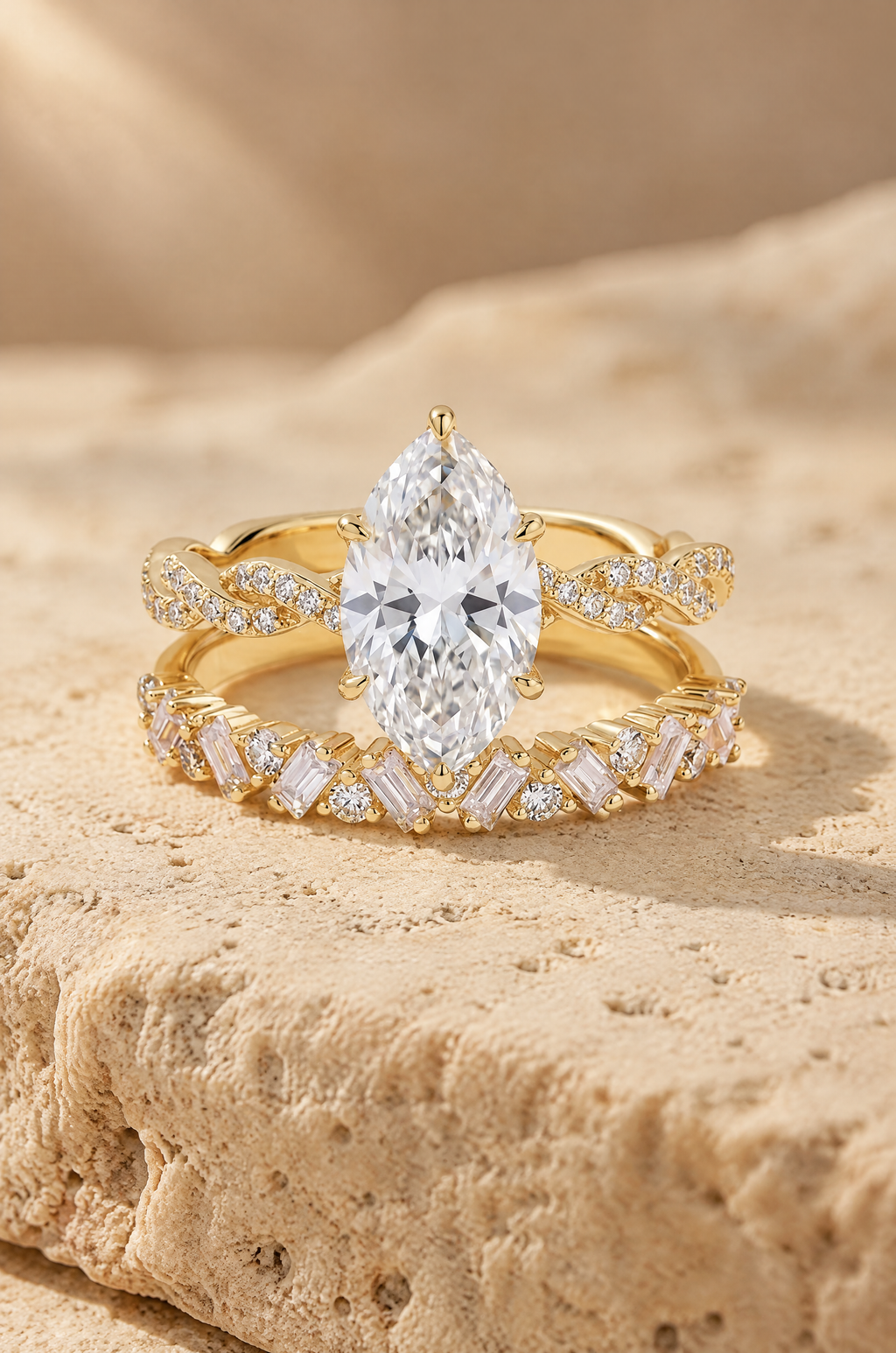 Palinuro marquise ring set, Straight Band, Gold