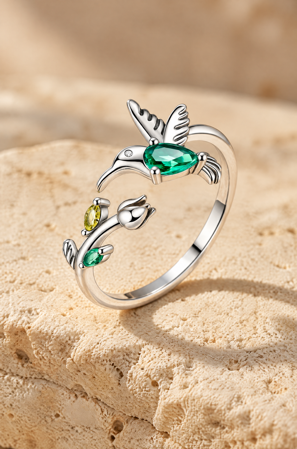 Ventotene hummingbird ring, on travertine