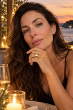 Woman at a seaside dinner wearing the gold Stromboli ring cover