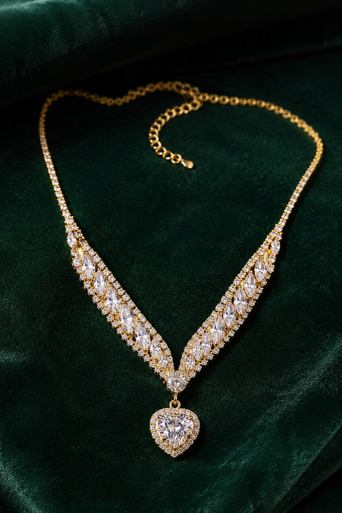 Baia Heart Necklace — Crystal V Necklace with Heart Drop
