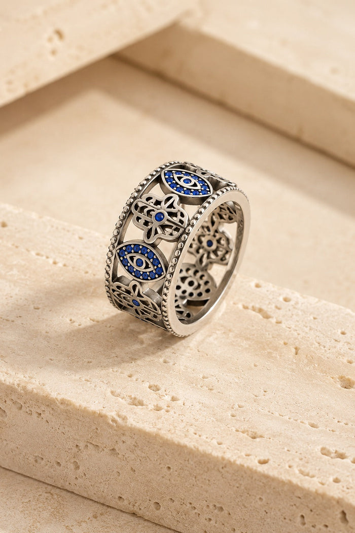 Cetara Evil Eye Ring — Wide Silver Band with Hamsa