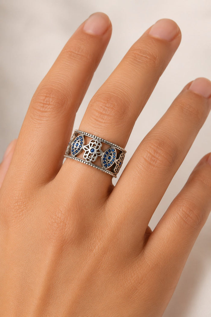 Cetara Evil Eye Ring — Wide Silver Band with Hamsa
