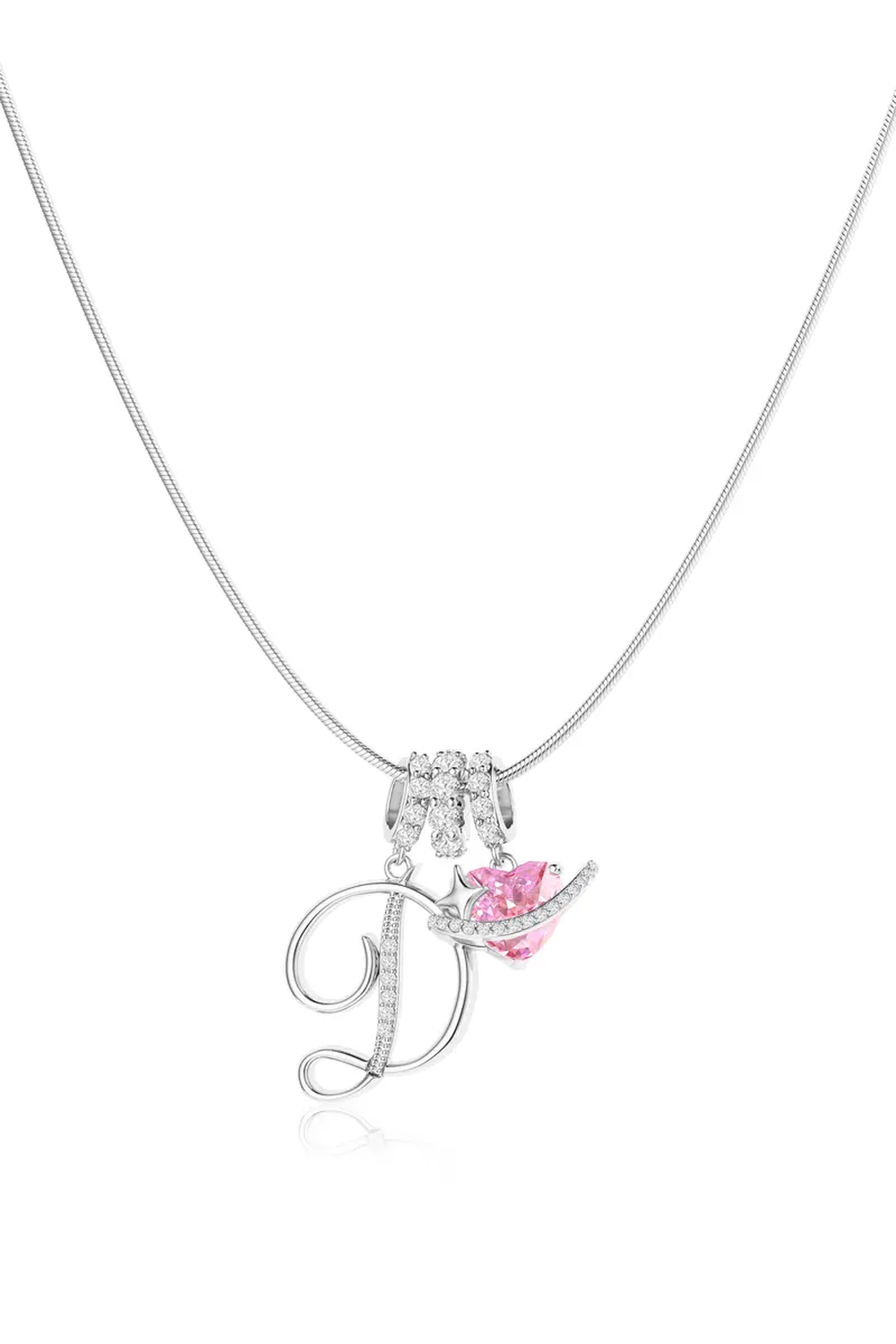 Cifra initial necklace in sterling silver with a pink heart zircon