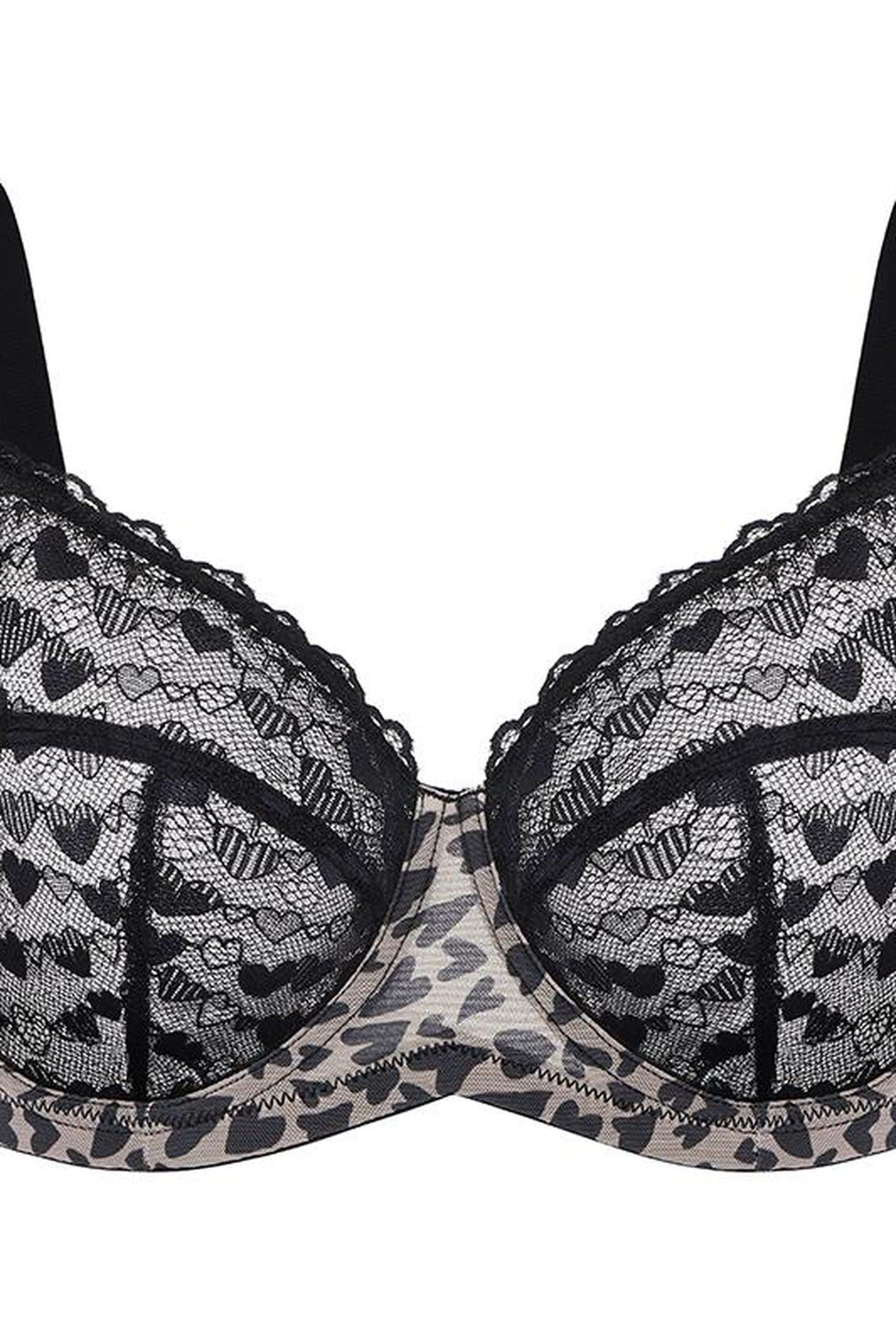 Cuore heart lace bra in black, leopard mesh detail