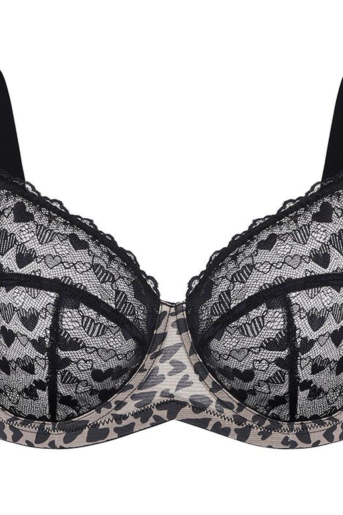 Cuore heart lace bra in black, leopard mesh detail