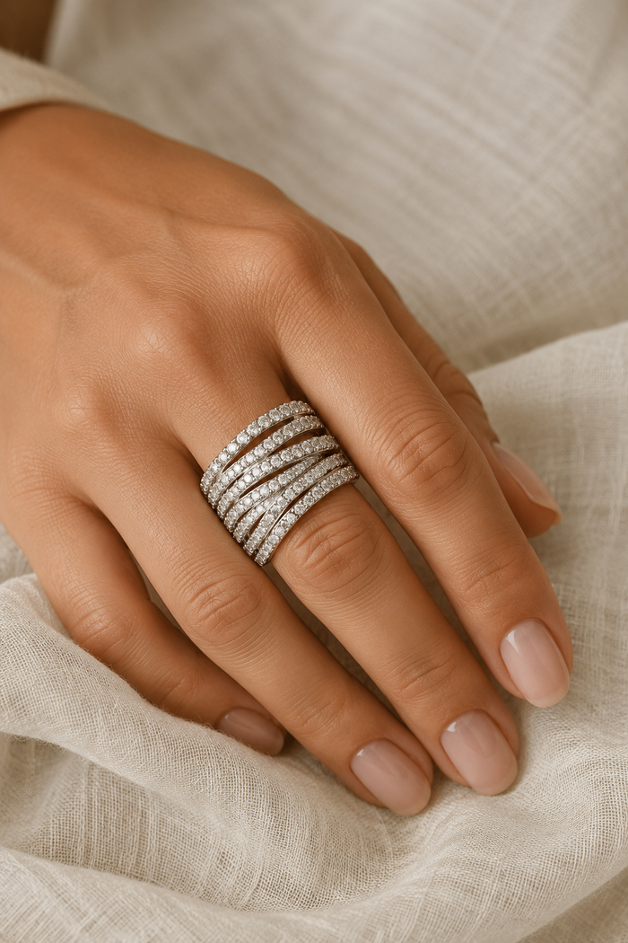 Abbraccio Crossover Ring — Wide Pavé Moissanite Band in Sterling Silver