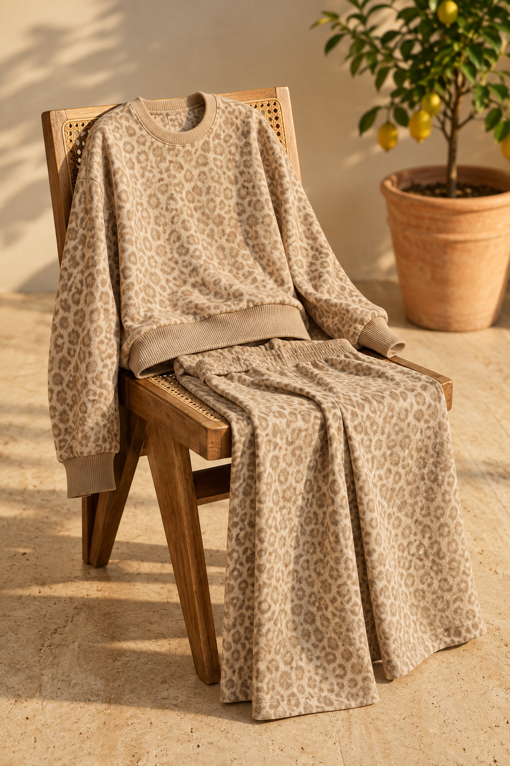 Conca leopard set draped over a cane chair