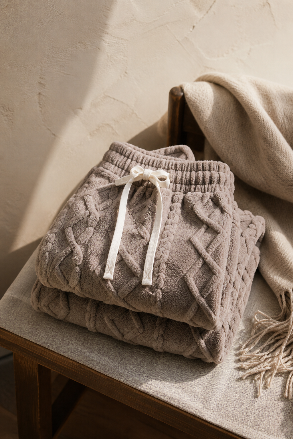 Agerola fleece pant in brown, folded on a chair