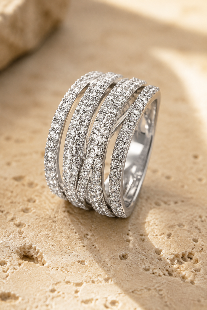 Abbraccio Crossover Ring — Wide Pavé Moissanite Band in Sterling Silver