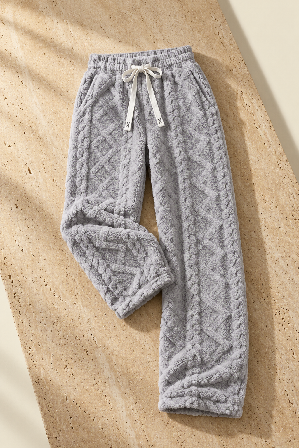 Agerola fleece pant in gray, catalog hero on travertine