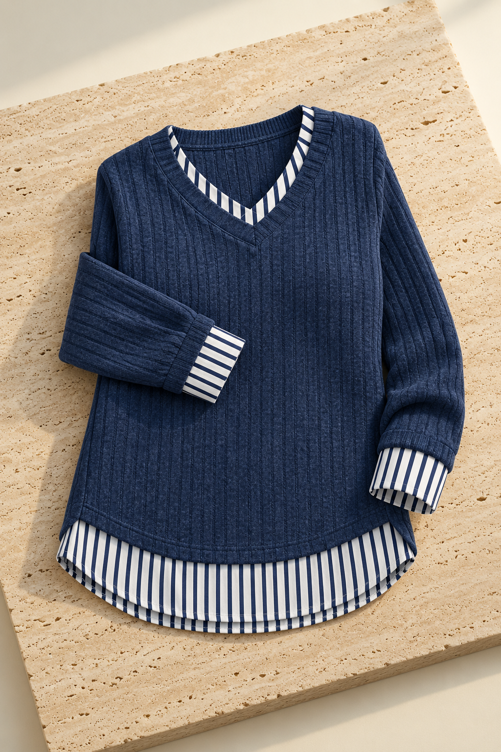 Furore tunic sweater, catalog hero on travertine