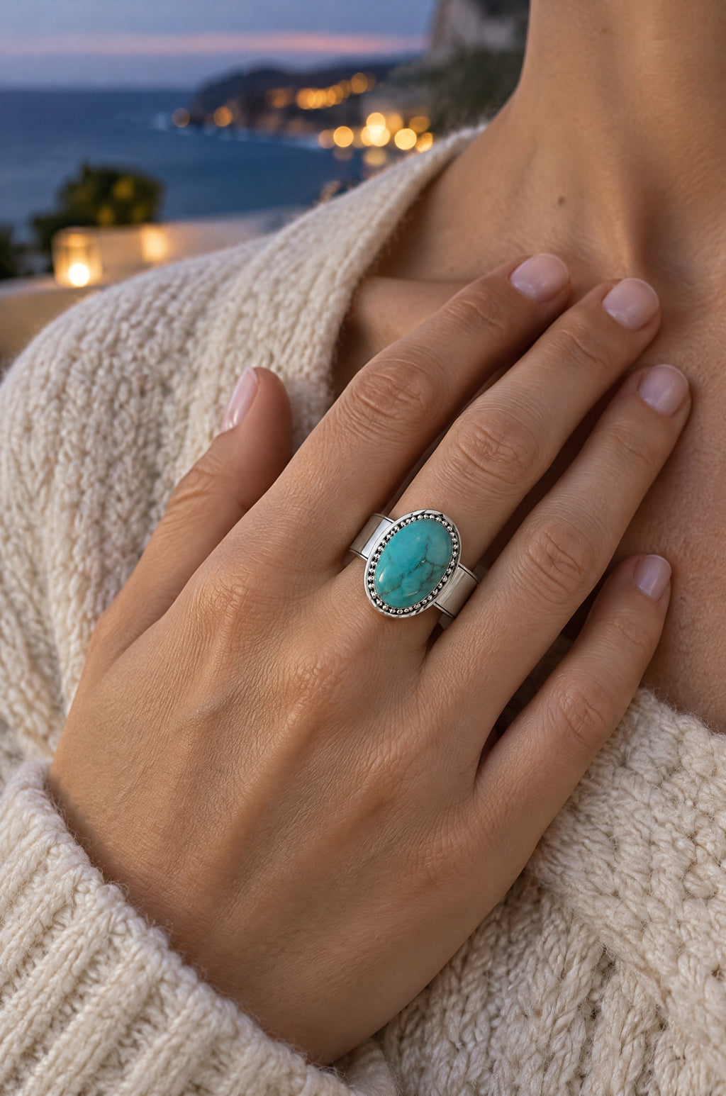 Woman at blue hour wearing the turquoise Giglio ring cover