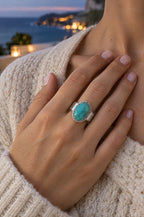 Woman at blue hour wearing the turquoise Giglio ring cover