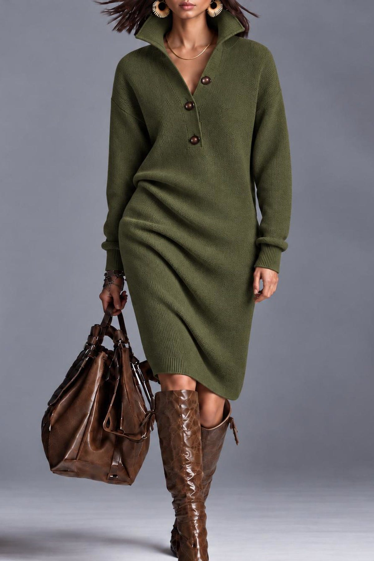 Maglia ribbed collared sweater dress in olive