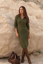 Maglia sweater dress in olive, worn with tall boots