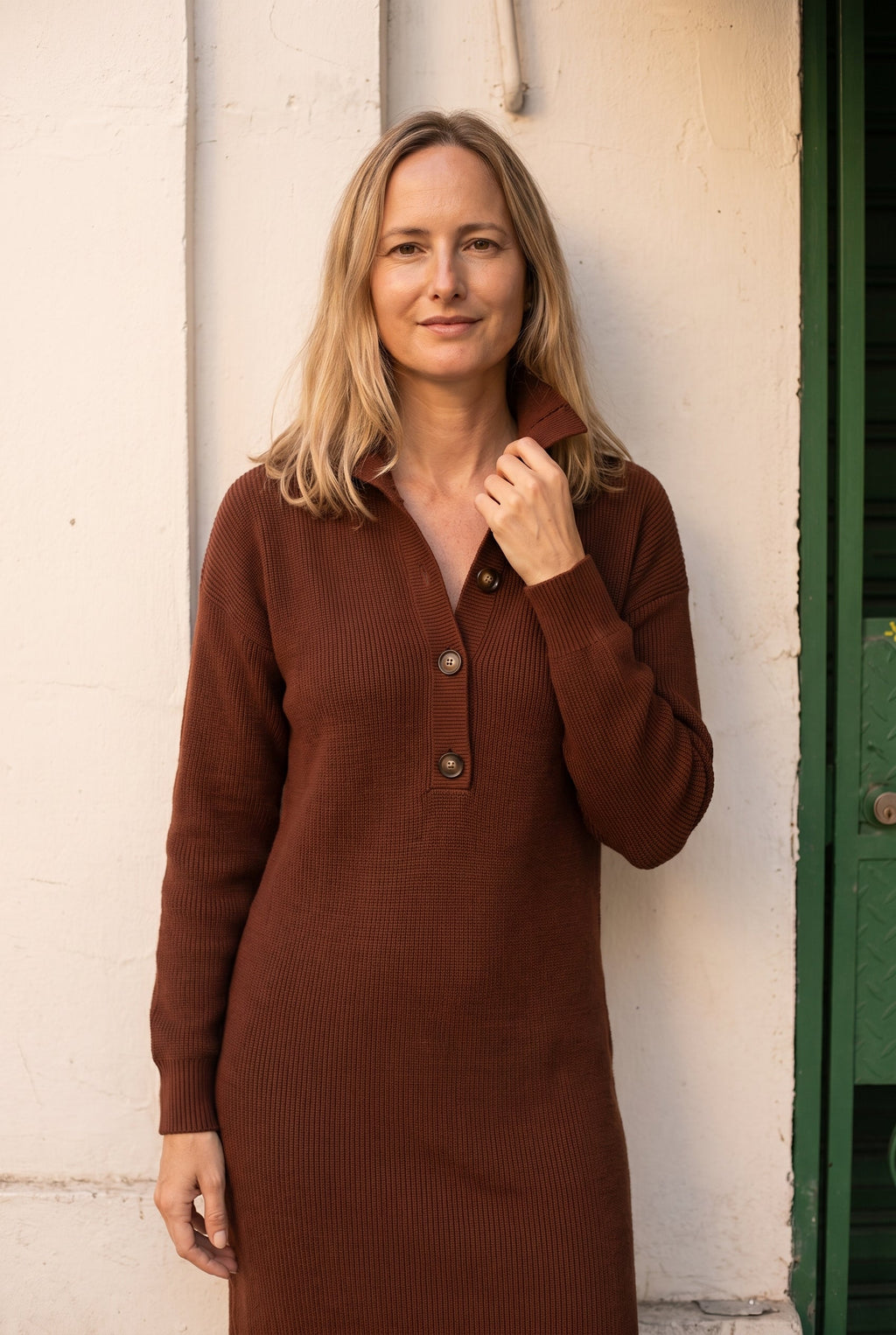 Maglia sweater dress in chocolate brown, worn