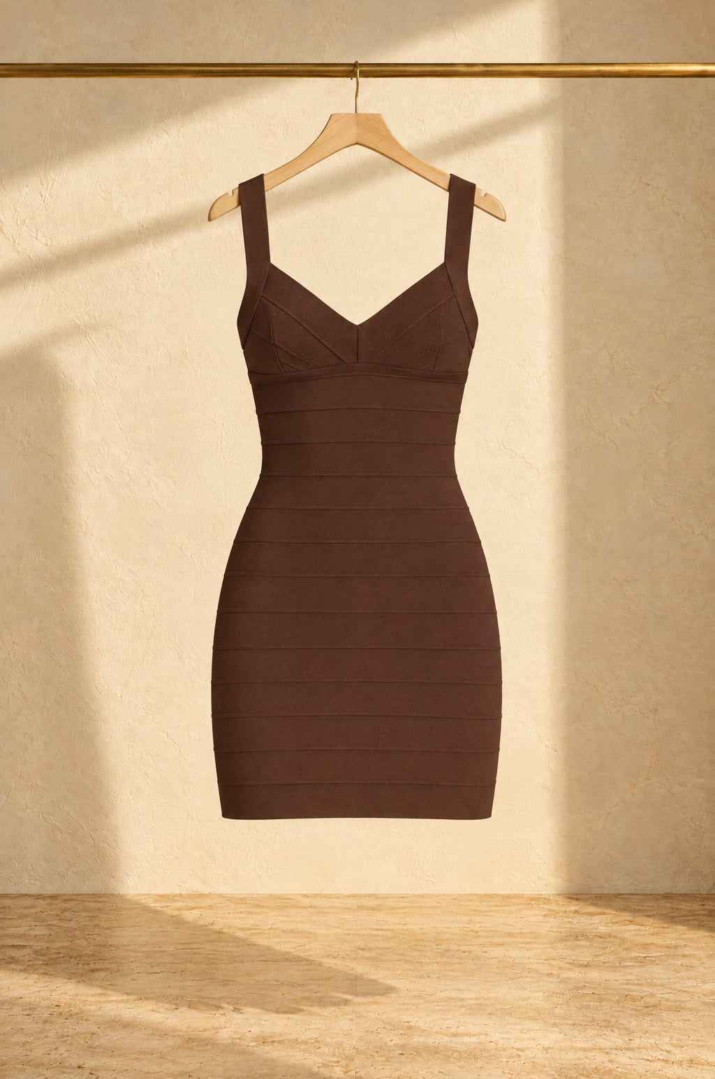 Bacoli bandage dress, brown, on a rail