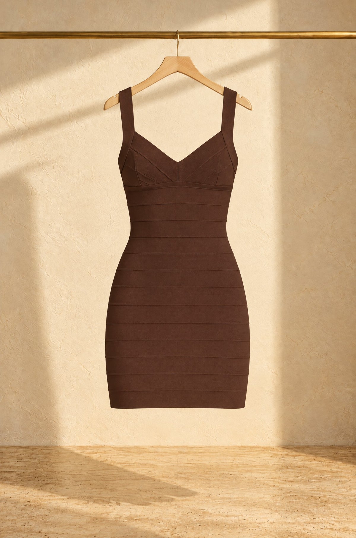 Bacoli bandage dress, brown, on a rail