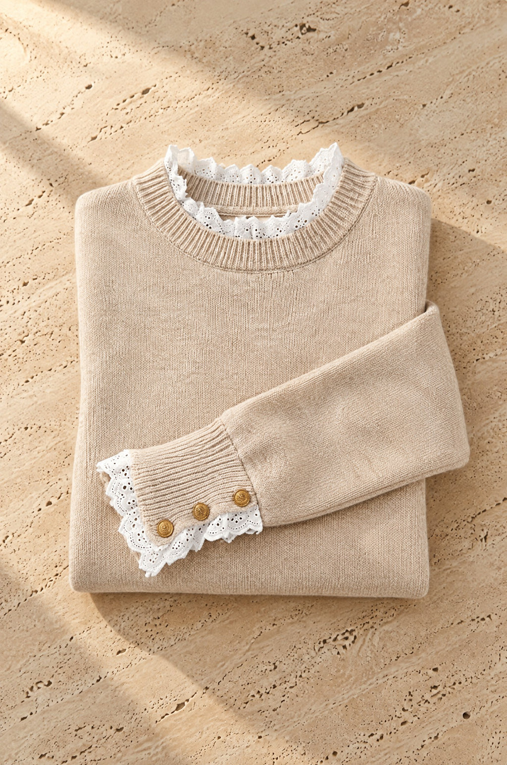 Camerota lace-trim sweater, oatmeal, on travertine