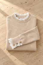 Camerota lace-trim sweater, oatmeal, on travertine
