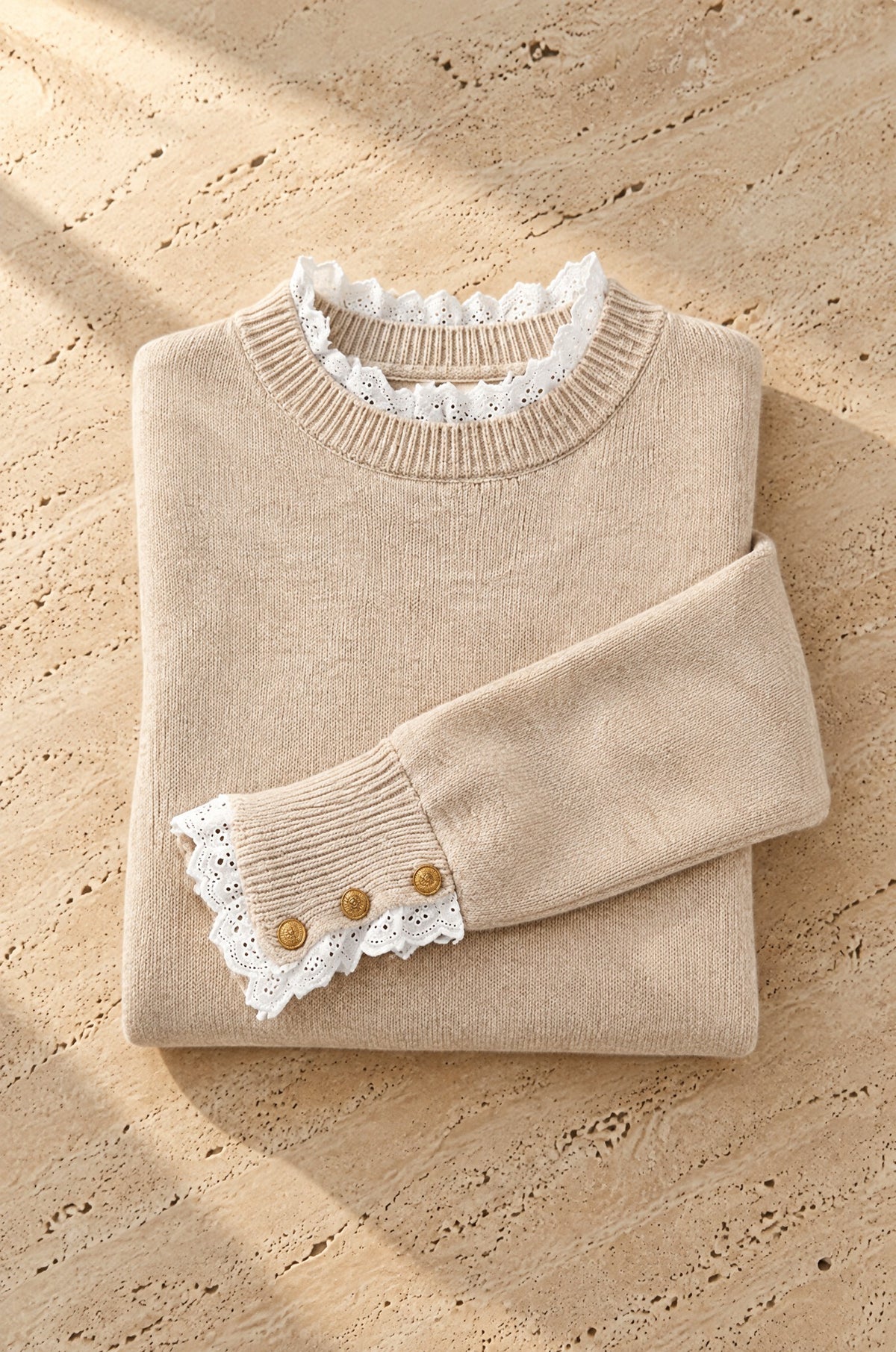 Camerota lace-trim sweater, oatmeal, on travertine