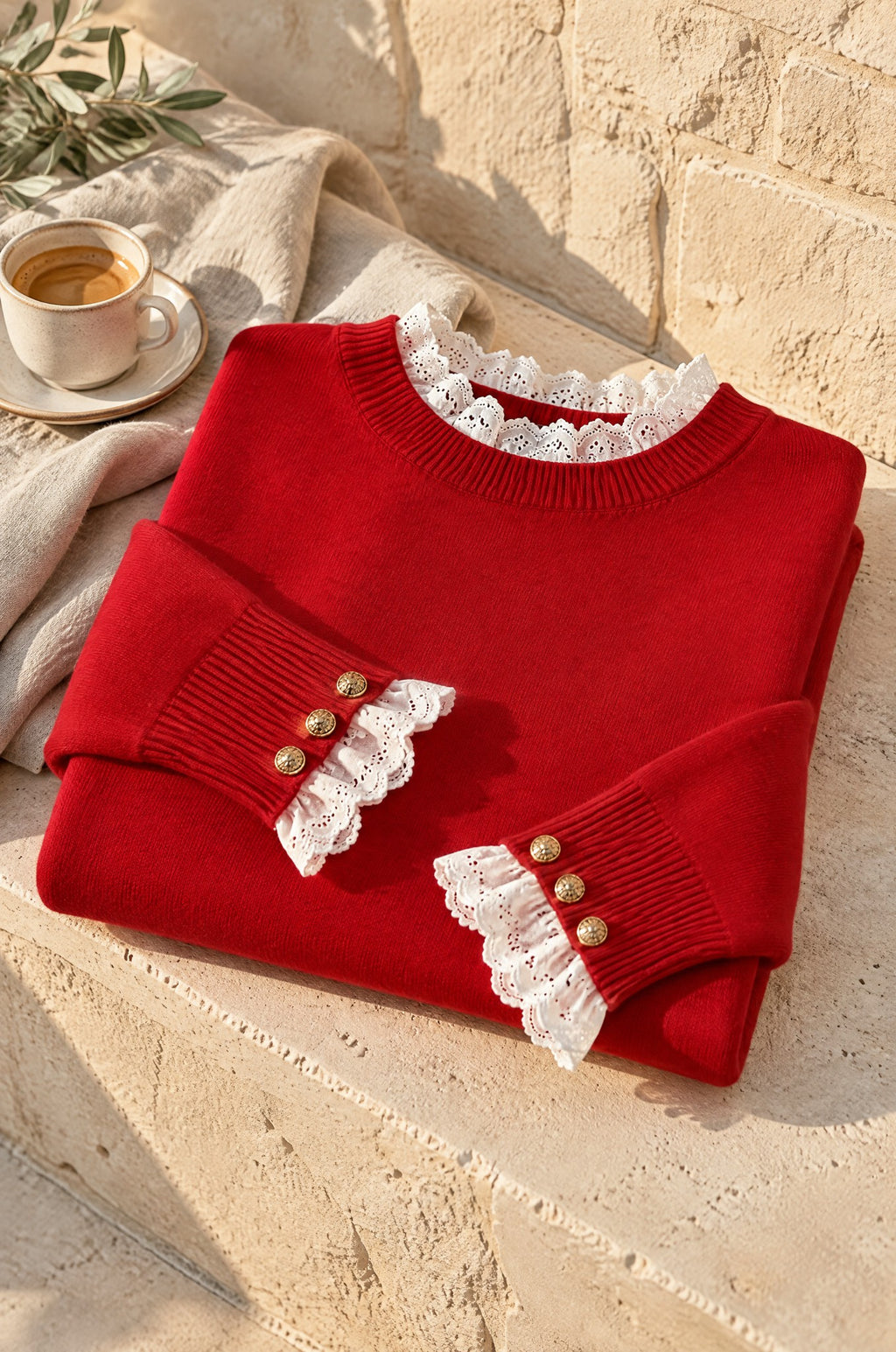 Camerota lace-trim sweater, red, folded