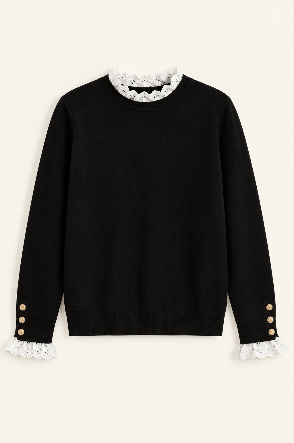 Camerota lace-trim sweater, black, flat