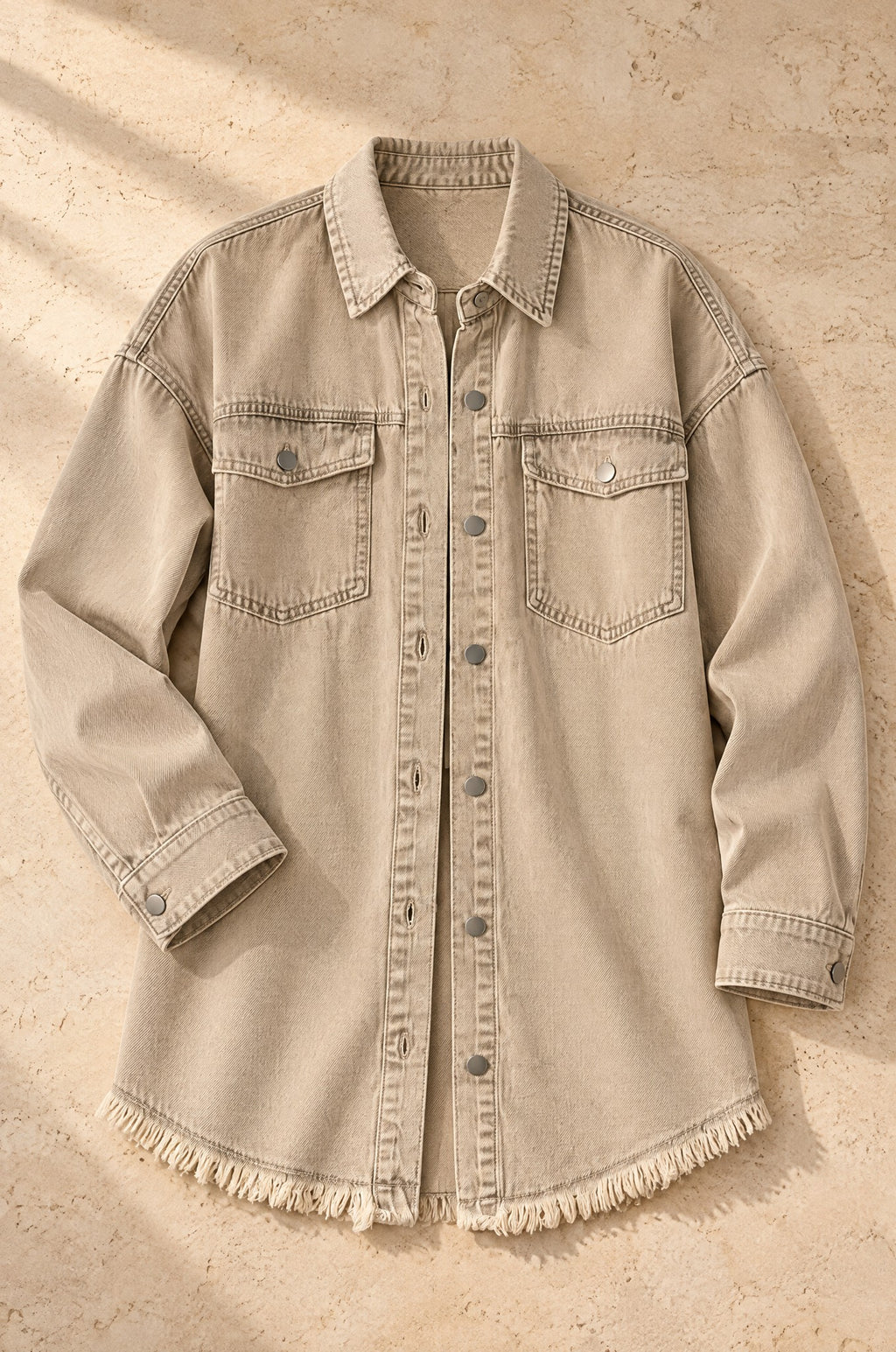 Cilento denim shacket, khaki, on travertine