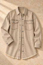 Cilento denim shacket, khaki, on travertine
