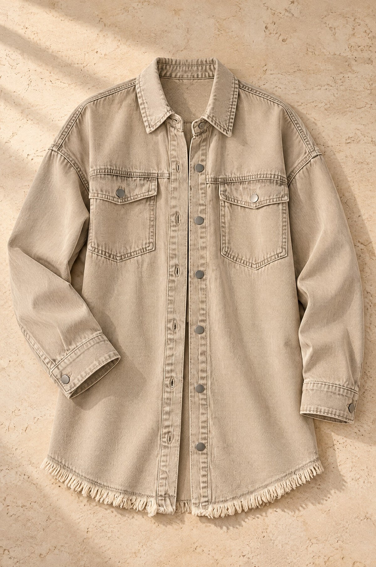 Cilento denim shacket, khaki, on travertine