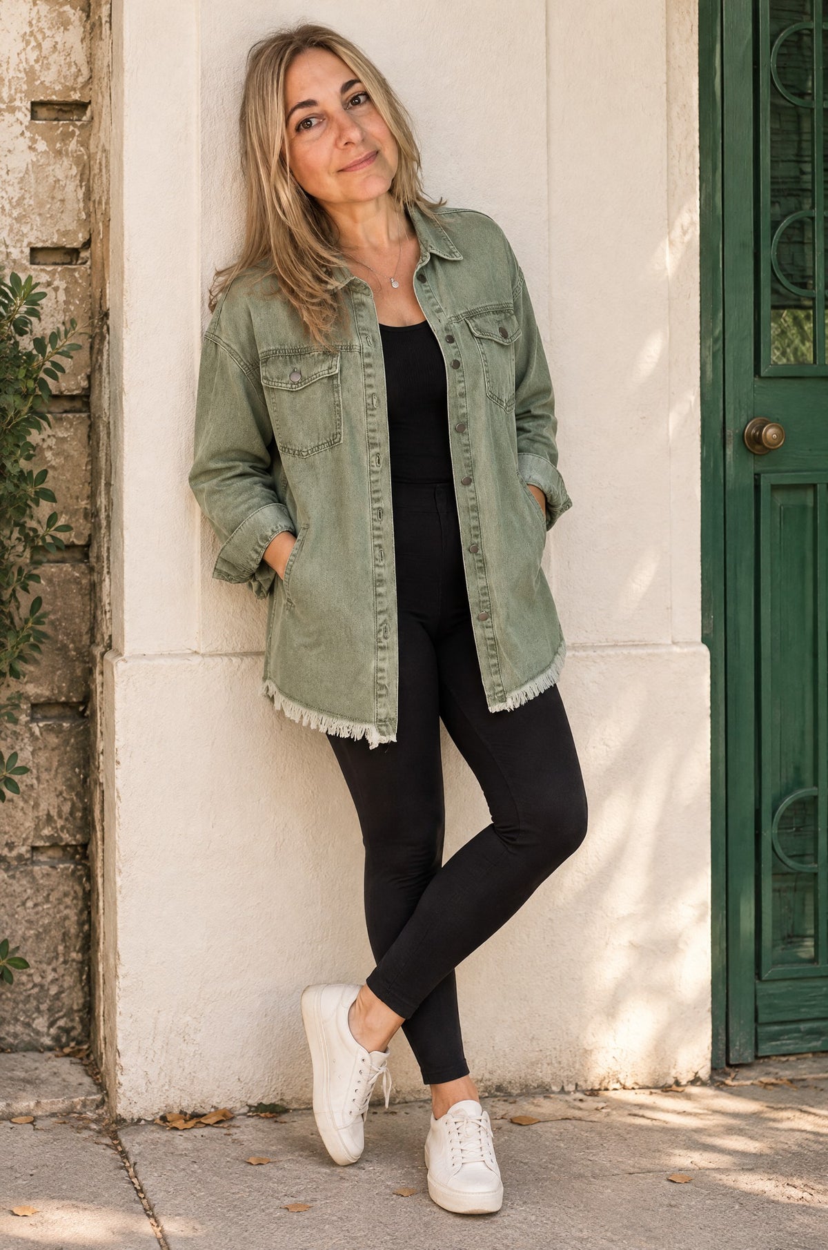 Cilento denim shacket, worn, sage