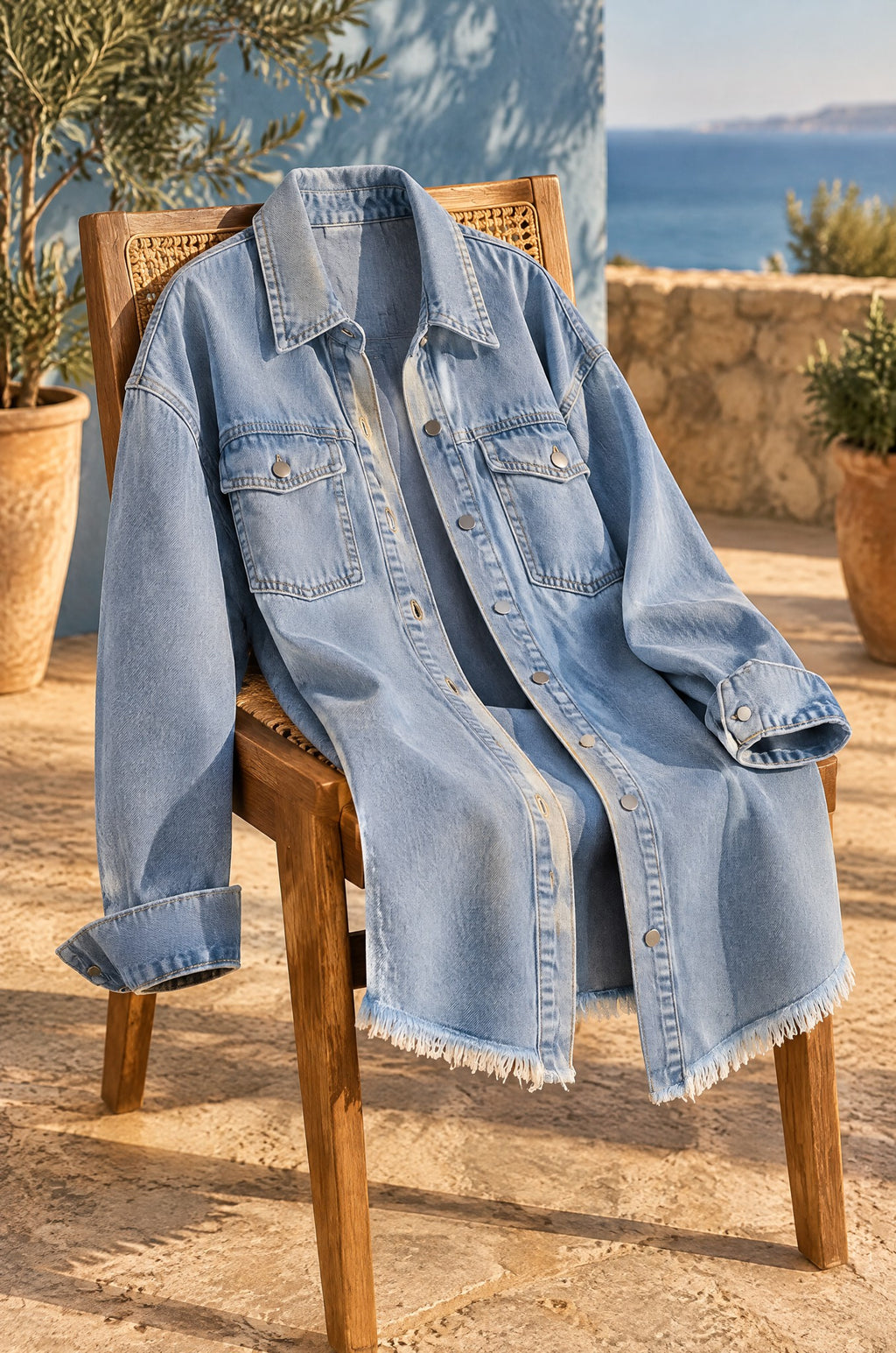 Cilento denim shacket, light denim, on a chair