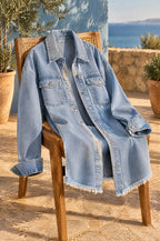 Cilento denim shacket, light denim, on a chair