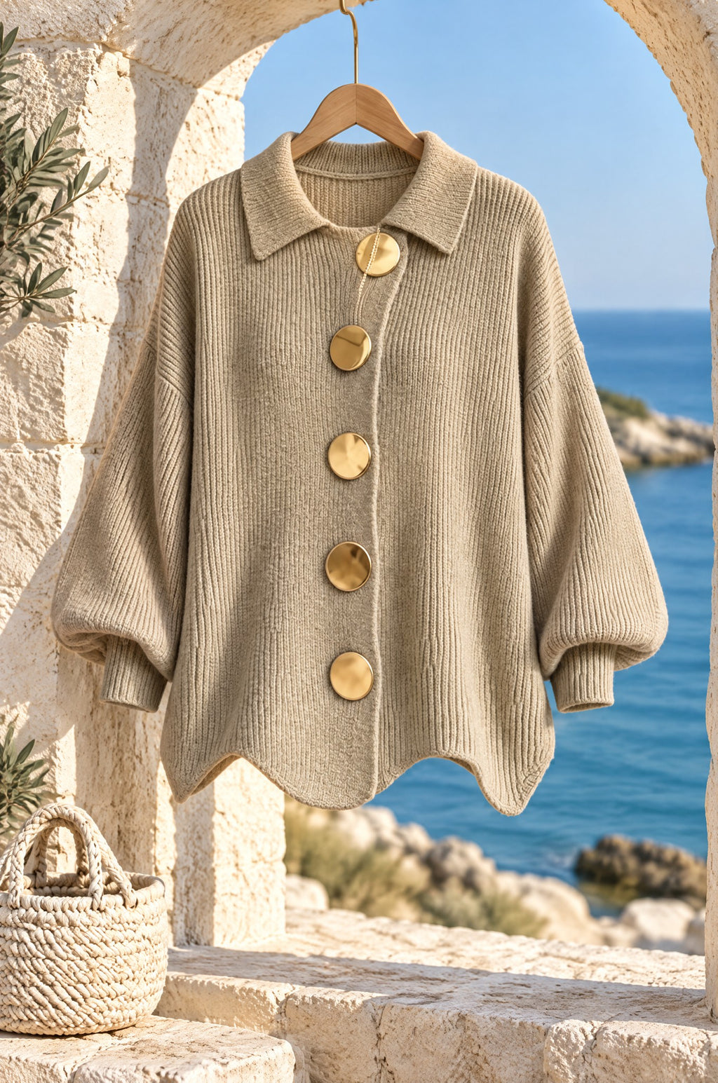 Gaeta cardigan, khaki, in an archway