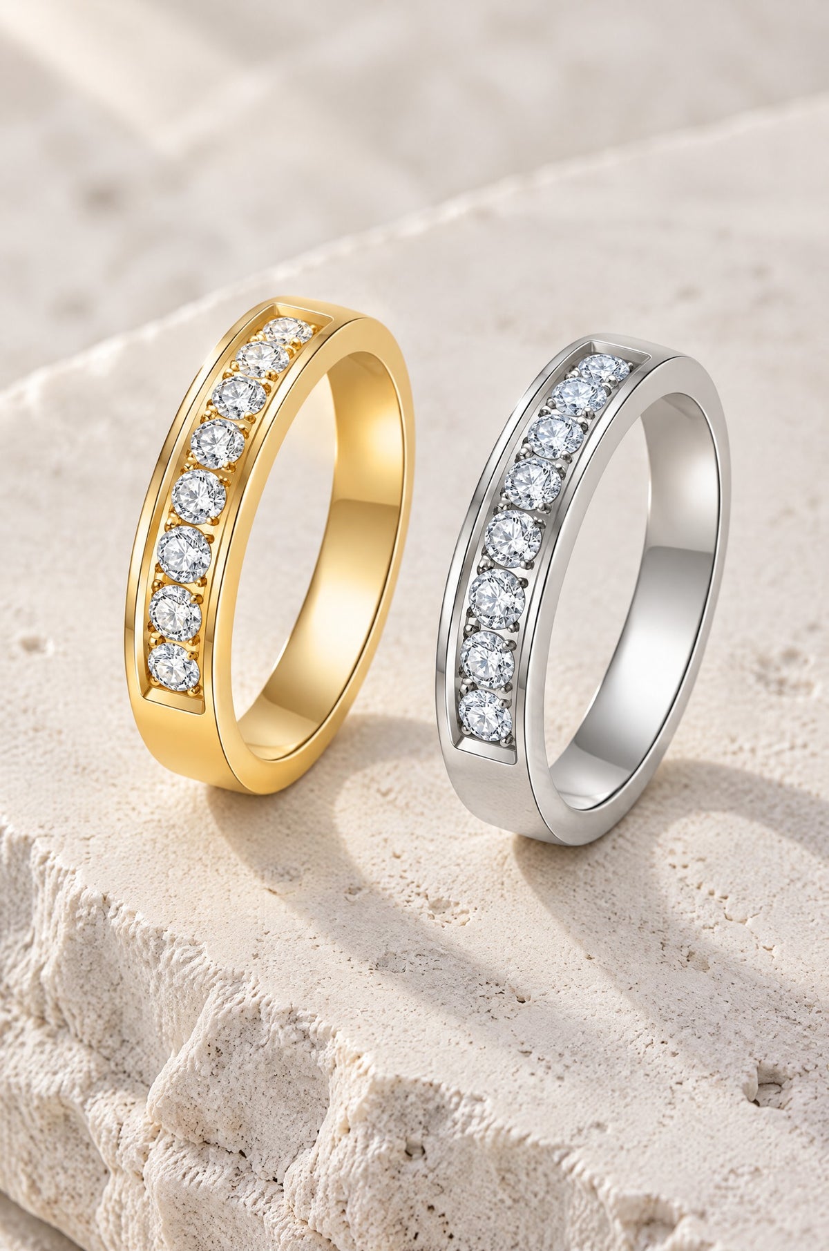 Recco moissanite band, gold and silver