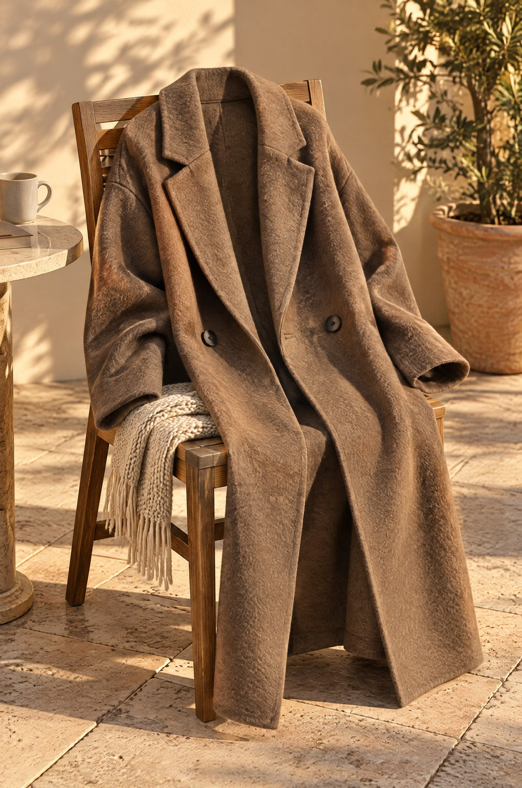 Sapri long coat, camel, on a chair