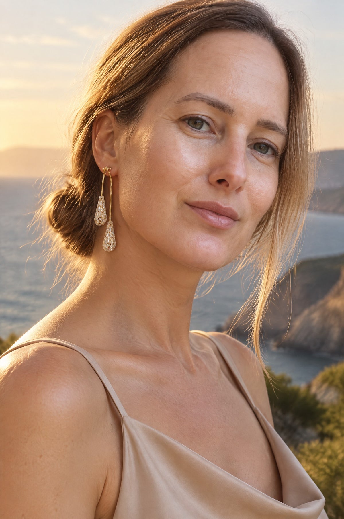 Fornillo drop earrings, worn, gold