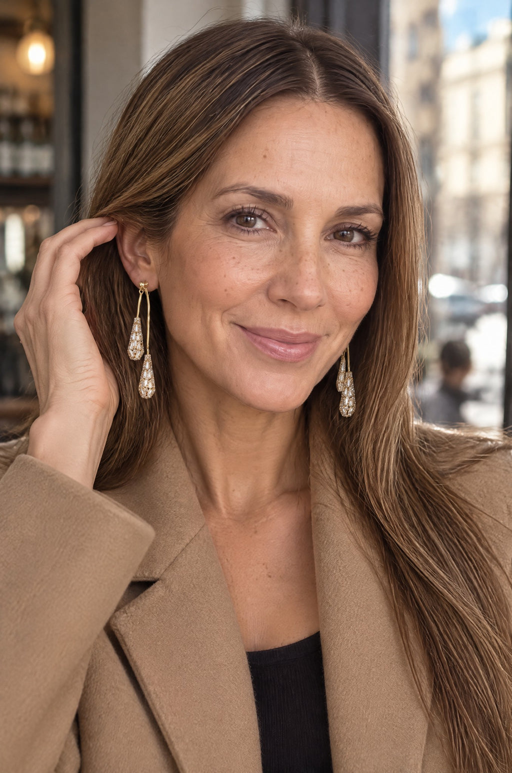 Fornillo drop earrings, worn, gold
