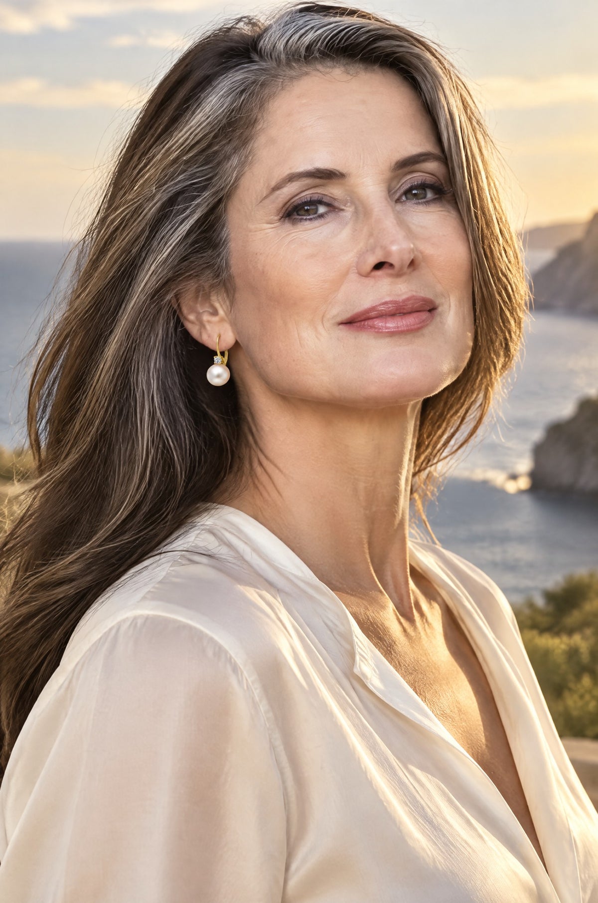 Panarea pearl drop earrings, worn, yellow gold
