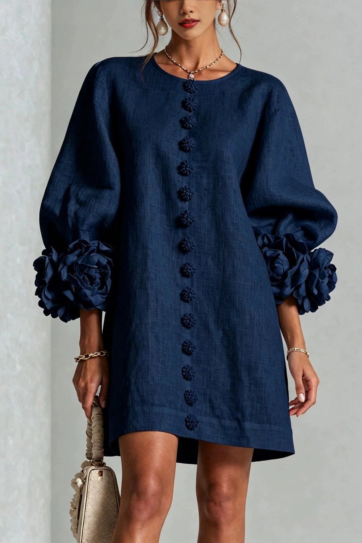 Petalo puff sleeve dress in navy blue