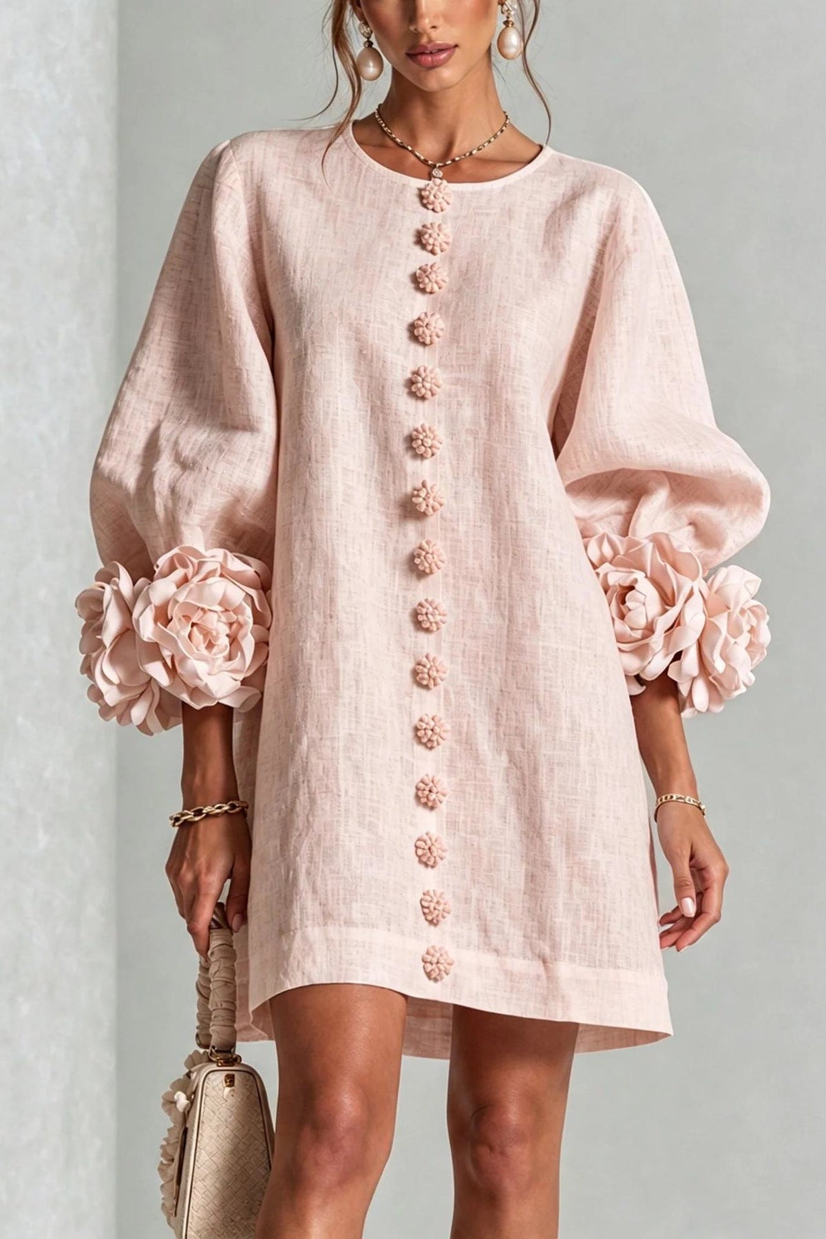 Petalo puff sleeve dress in pink, flower cuff detail