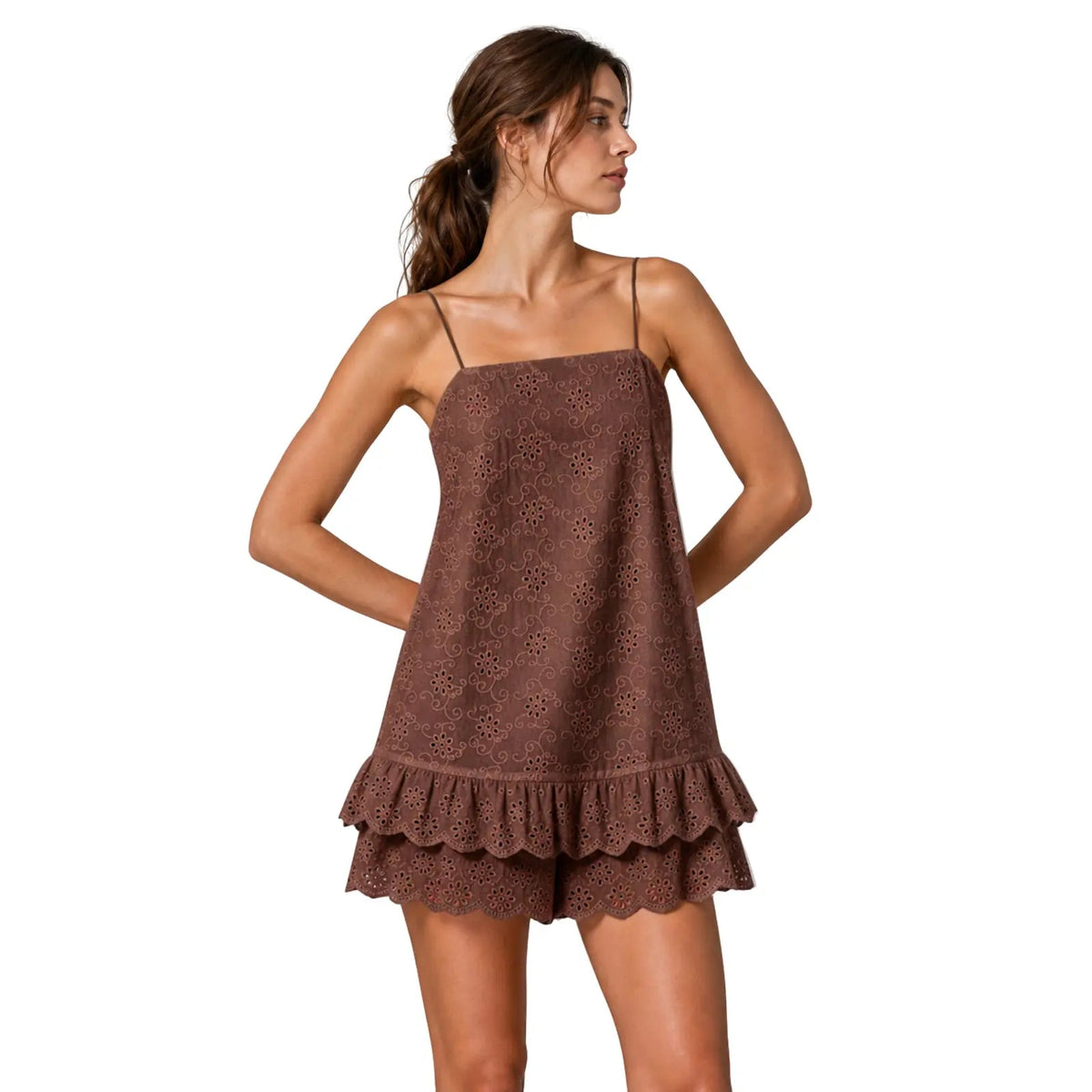 Praiano eyelet romper in Chocolate