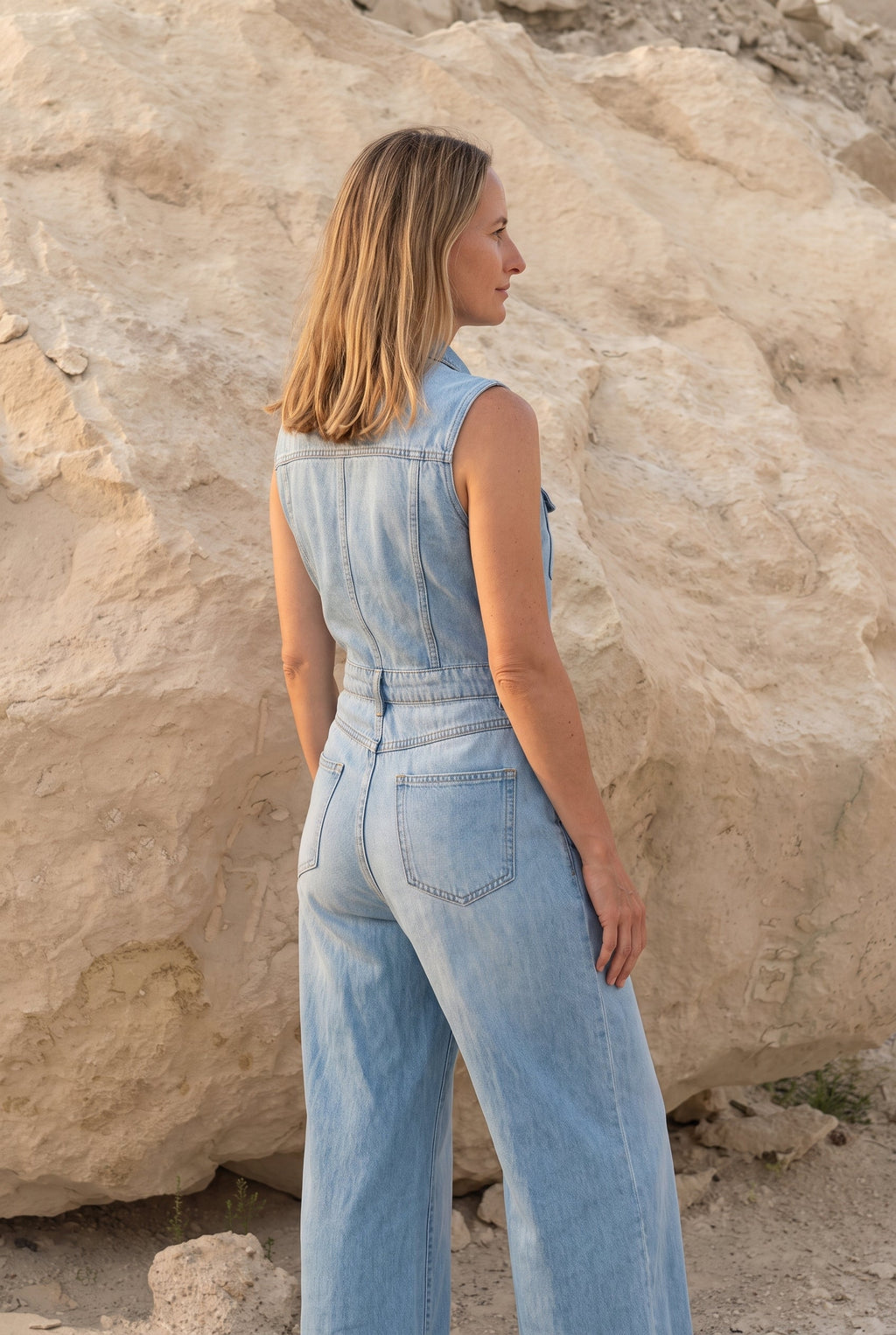Salerno denim jumpsuit in light blue, back view