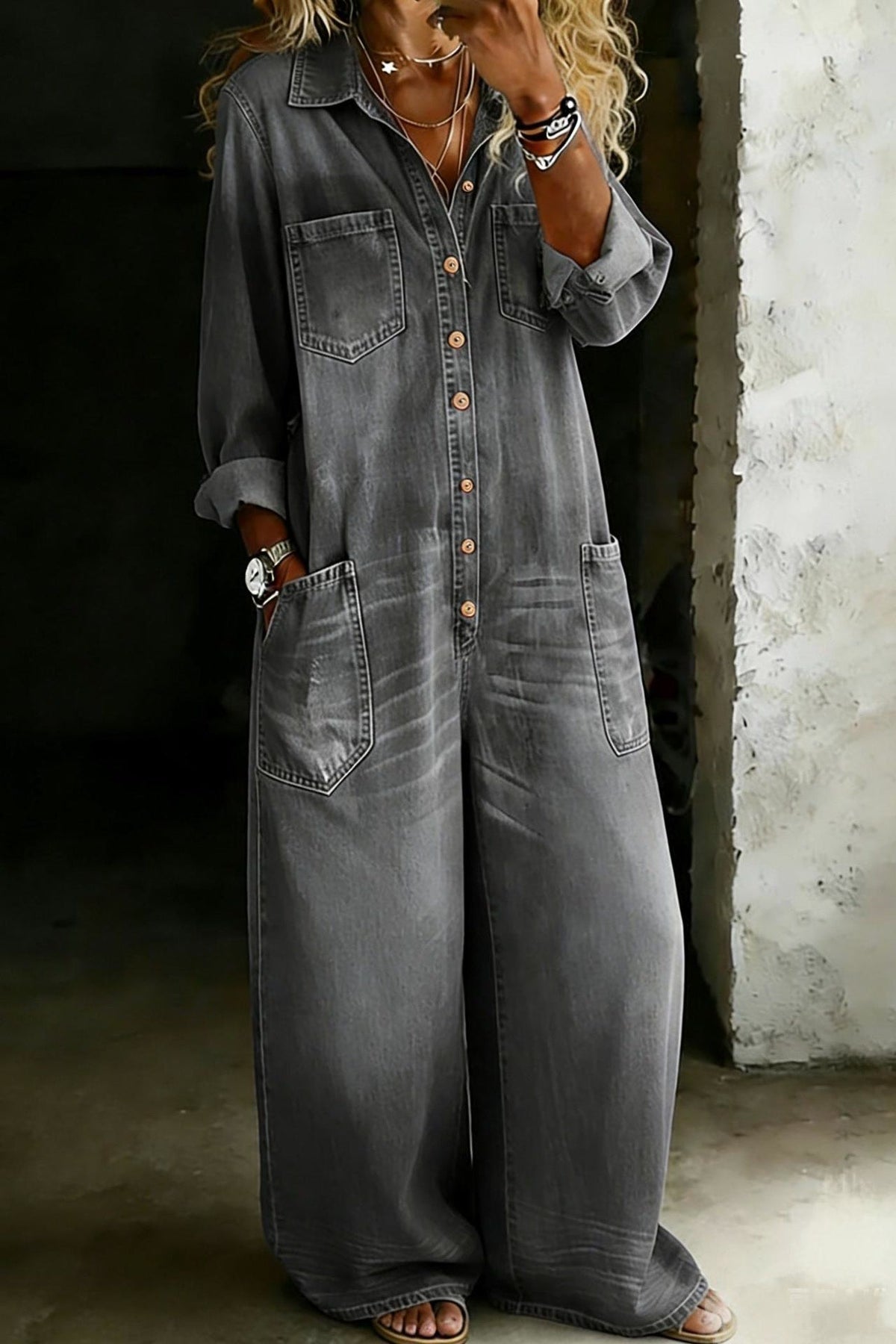 Salerno denim jumpsuit in grey, pockets