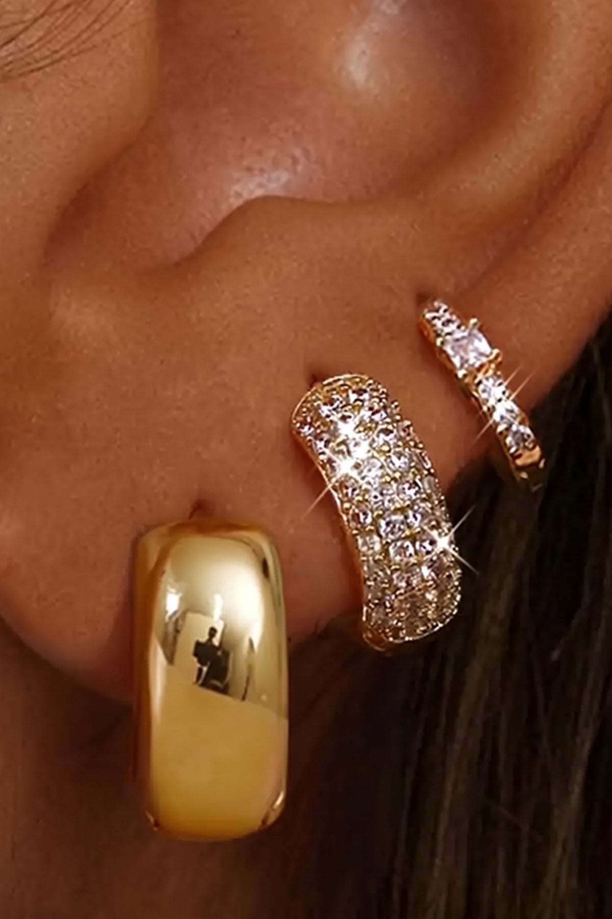 Scala hoop trio, Chunky Gold, worn on the ear