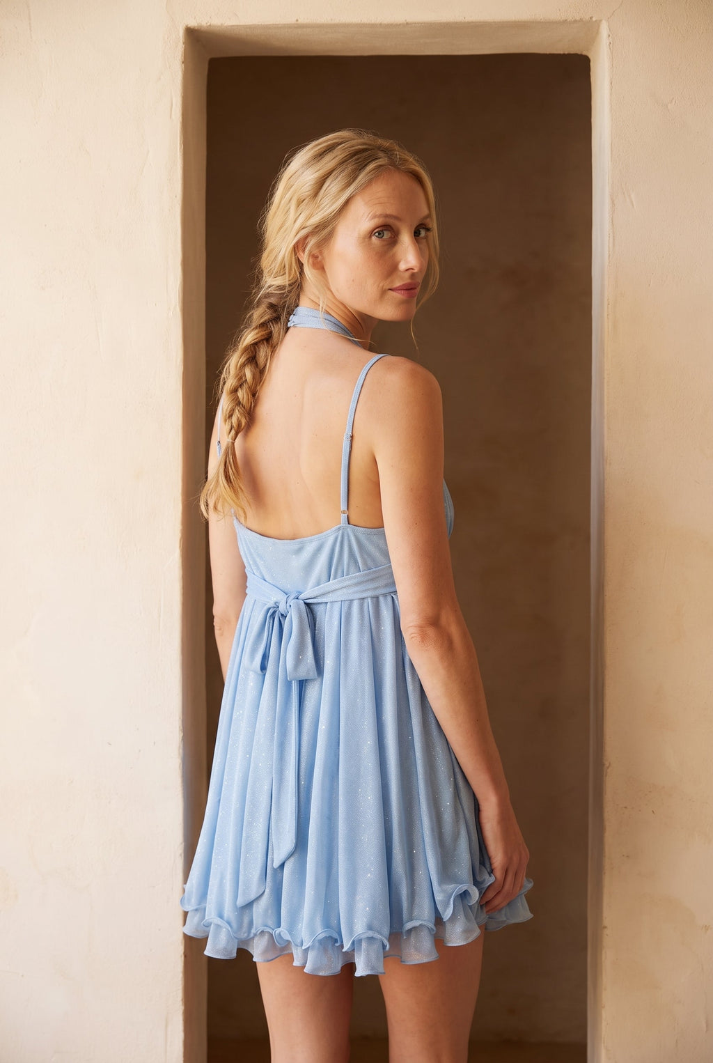 Scintilla shimmer dress in baby blue, back view